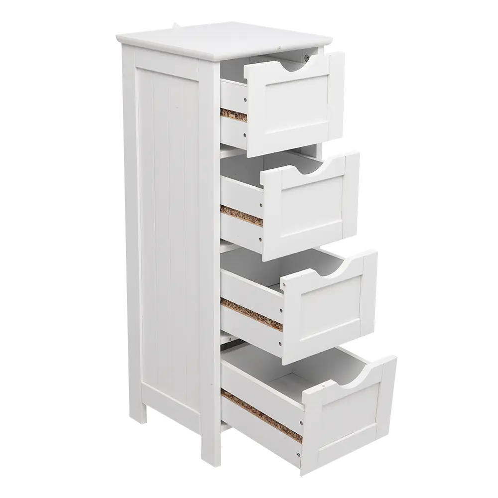 White Freestanding P2 Wood Storage Cupboard - 4-Drawer Furniture Cabinet, 11.82x11.82x32.29 in, Easy Assembly with Mounting Accessories