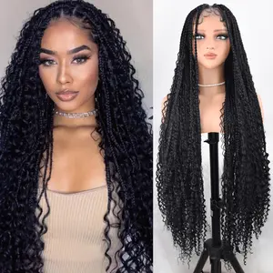 Bohemian Braided Wigs for Black Women 36 Inch Full Lace Knotless Synthetic Braid Wig with Baby Hair for Party & Easy Care