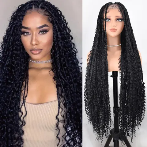 ZIHAN 36 in Boho Braids Hairstyles Full Lace Knotless Glueless Synthetic Braided Lace Wig for Black Women - 500g, Medium Cap, Heat Resistant, Long-Lasting, with Baby Hair, Easy Care, Summer Party Option, 360 Glueless Wigs for Women