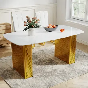 Modern Rectangular Tempered Glass Dining Table, Marble-Patterned Design with Gold Dual-Pedestal Metal Base, Ideal for Dining Room & Home Office