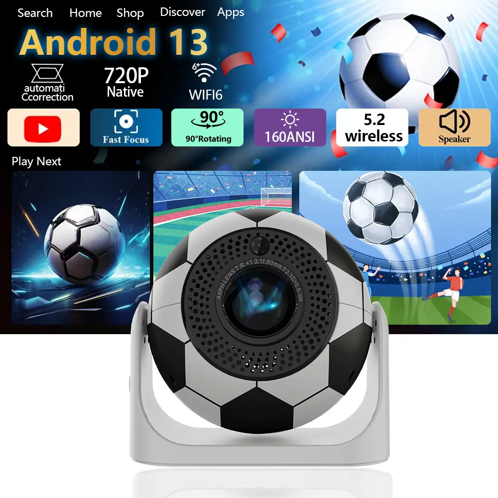 DEYSINN-4K Supported Smart Android Projector!  Unique football shape design. AMLOGIC T950S chip, 160 ANSI brightness, 720P HD | Auto Keystone. Dual-Band WiFi & 36 languages! portable cinema - perfect for movies & gaming! Audio