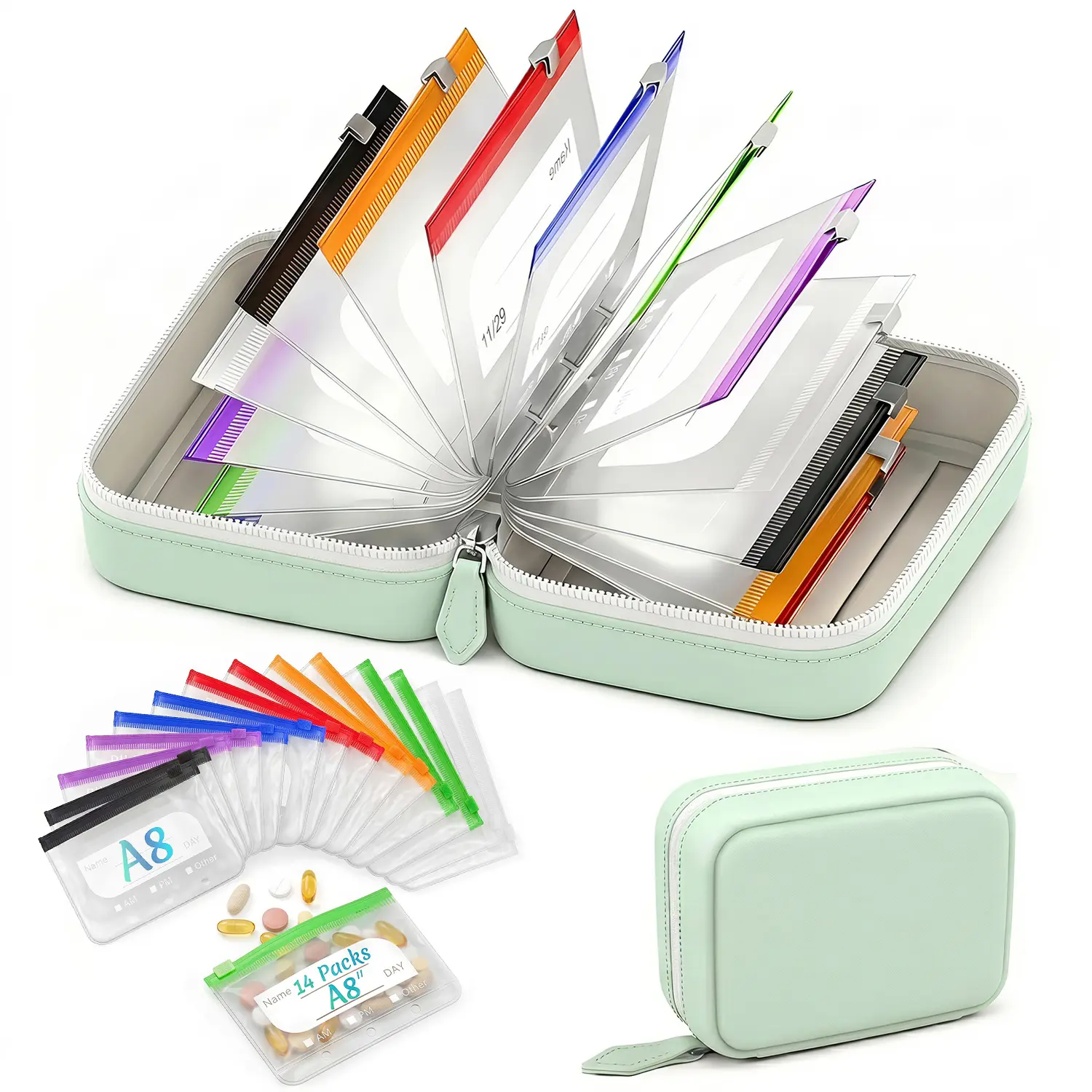 14-Pouch Portable Pill Organizer Case with Color-Coded Reusable Zipper Bags, Compact Travel Medication Storage Organizer for Vitamins, Supplements & Daily Essentials