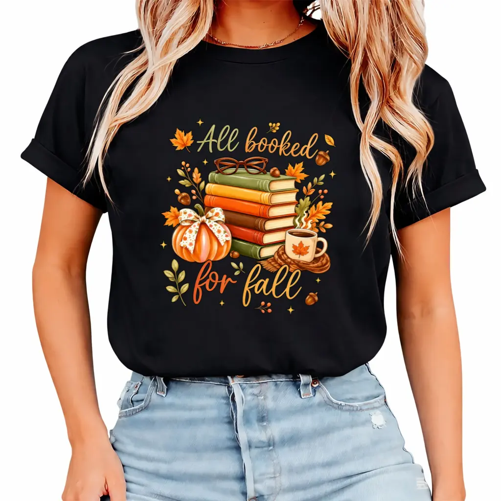 All Booked for Fall T Shirt, Pumpkin Book Lover Graphic Tee, Floral Autumn Shirt, Cozy Coffee Reader Outfit, Coquette Fall Graphic Tee, Bookish Fall Shirt