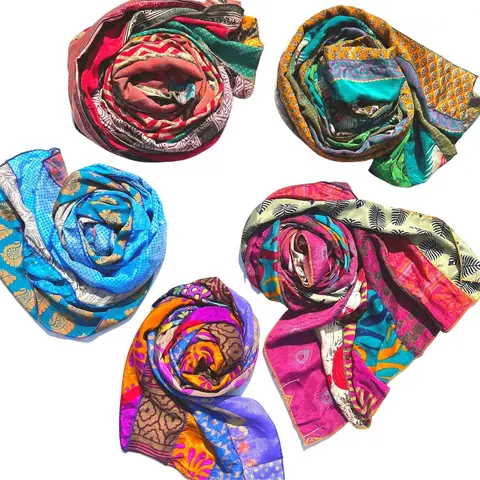 Handmade Planet-Kind 7 Strips Reclaimed Sari Medley Rectangular Neck Scarf - 20x70 in Trendy Shawl, Artistic Floral Boho Accessory, Scarf for Hair, 5-in-1 All Season Wrap (Knot as Headscarf, Sarong)