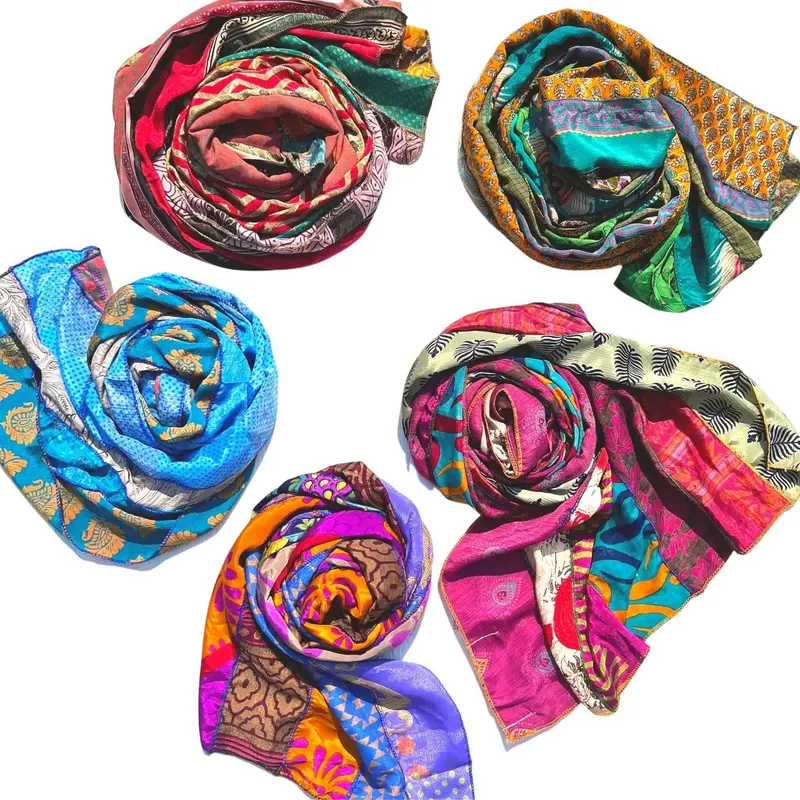 Handmade Planet-Kind 7 Strips Reclaimed Sari Medley Rectangular Neck Scarf - 20x70 in Trendy Shawl, Artistic Floral Boho Accessory, Scarf for Hair, 5-in-1 All Season Wrap (Knot as Headscarf, Sarong)
