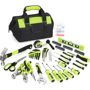 220-Piece Home Tool Set, Household Repairing Tool Kit, with 12-Inch Wide Mouth Open Storage Tool Bag, Green