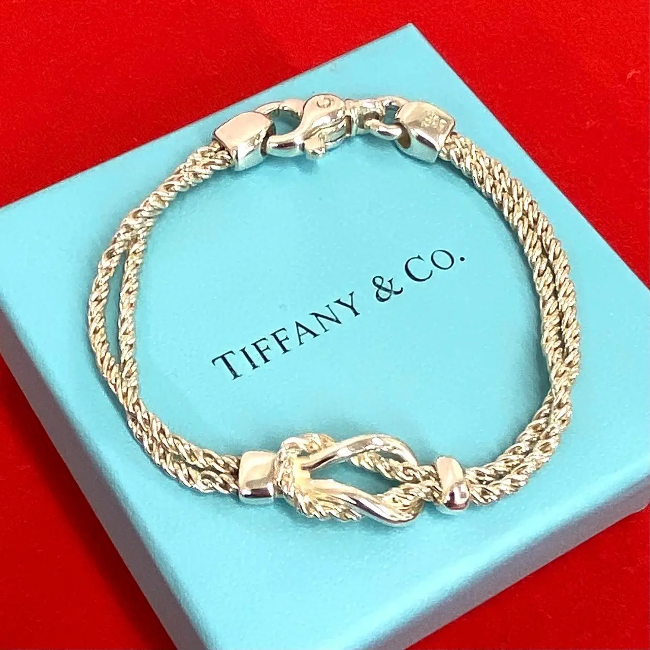 Pre-owned Tiffany & Co. Sterling Silver 925 (Ag925) Small Leather Goods Center Knot Double Rope Silver Bracelet