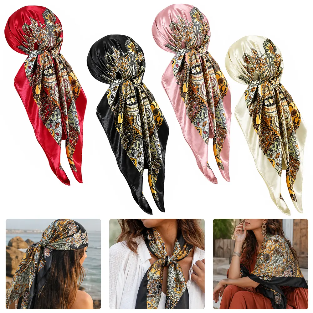 Women's 4-Piece Large Silky Satin Headscarf Set - 35in Soft Printed Scarf Head Wrap, Satin-Like Square Bandana for Hair Sleeping & Neck Use