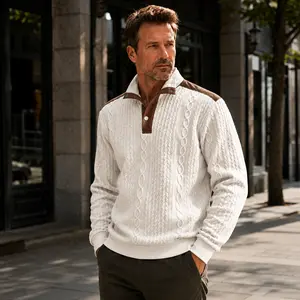 Men’s Cable Knit Quarter Button Pullover Sweater, Stand Collar Long Sleeve Knit Sweatshirt with Elbow Patches, Warm Vintage Casual Streetwear Top for Fall Winter