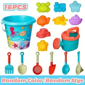 16 Pcs Kids Beach Sand Toy Set, Sand Bucket Watering Can Shovel Rake Sieve Animal Sand Molds Kit, Summer Outdoor Sandbox Water Play Toy, Portable Beach Game Gift for Toddlers Boys Girls