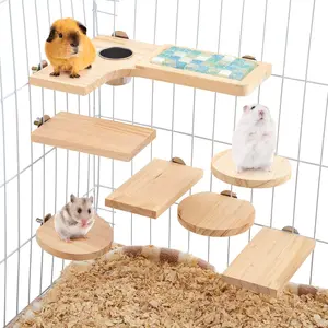 Parakeet Perches with Feeding Cup Set of 9 Wooden Hamster Cage Platform Chinchilla Ledges and L Shaped Round Hole Rat Cage Accessories with Cooling Standing Board Food Cup for Squirrel Gerbil Guinea Pig Small Animal CAVE CAGE