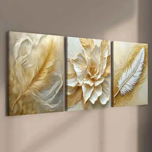3-Piece Modern Art Canvas Prints, Solid Wood Frame, Feather Floral Design, Waterproof Wall Decor for Living Room & Bedroom, Modern Home Decoration, Wooden Wall Art