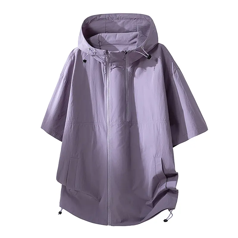 Men's Solid Color Windbreaker Jacket - Breathable Short Sleeve Streetwear Top with Full Zip Hooded Design for Summer Sun Protection, Tops, Menswear, Fabric, Shortsleeve, Elastic, Shirt, Sports, Unisex, Polyester, Outdoors, Uv Protection