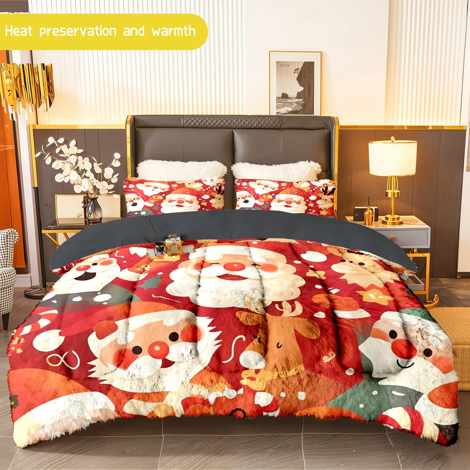 3pcs (1 comforter + 2 pillowcases) Christmas Santa Reindeer Flannel & Milk Velvet Comforter Set, Soft Warm Bedding Set for Adults, Cozy Holiday Bedding Essentials