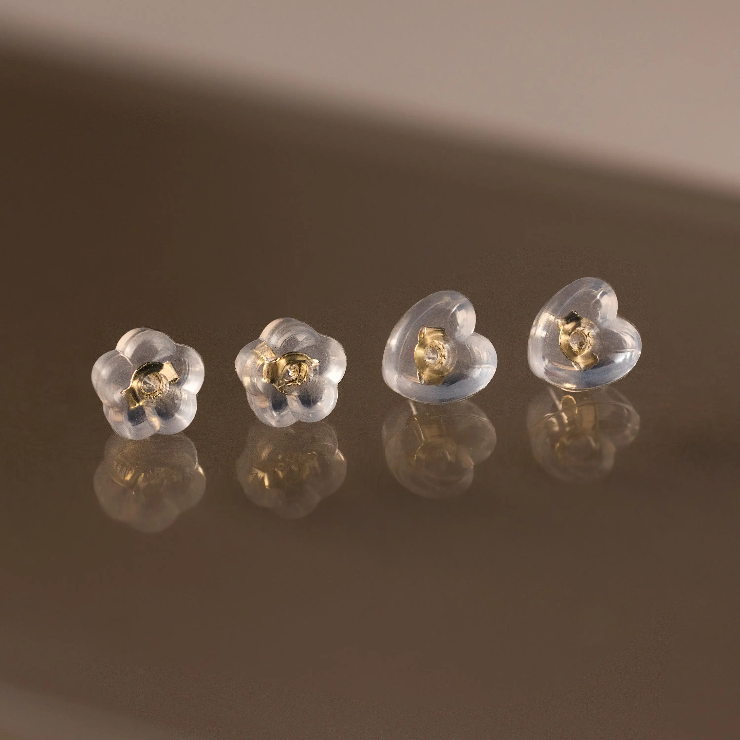 Heart & Flower Earring Backs by Caitlyn Minimalist - Clear Silicone Backings for Stud Earrings - 18K Gold Plated & Sterling Silver Stud Earring Backs - Cute Jewelry Set - Gift for Her