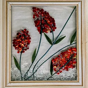 Red Floral Mixed Media Wall Art - 3D Crushed Glass & Resin Flower Decor - Framed Botanical Art for Home or Gift custom no two are exactly alike but similar because of it being glass