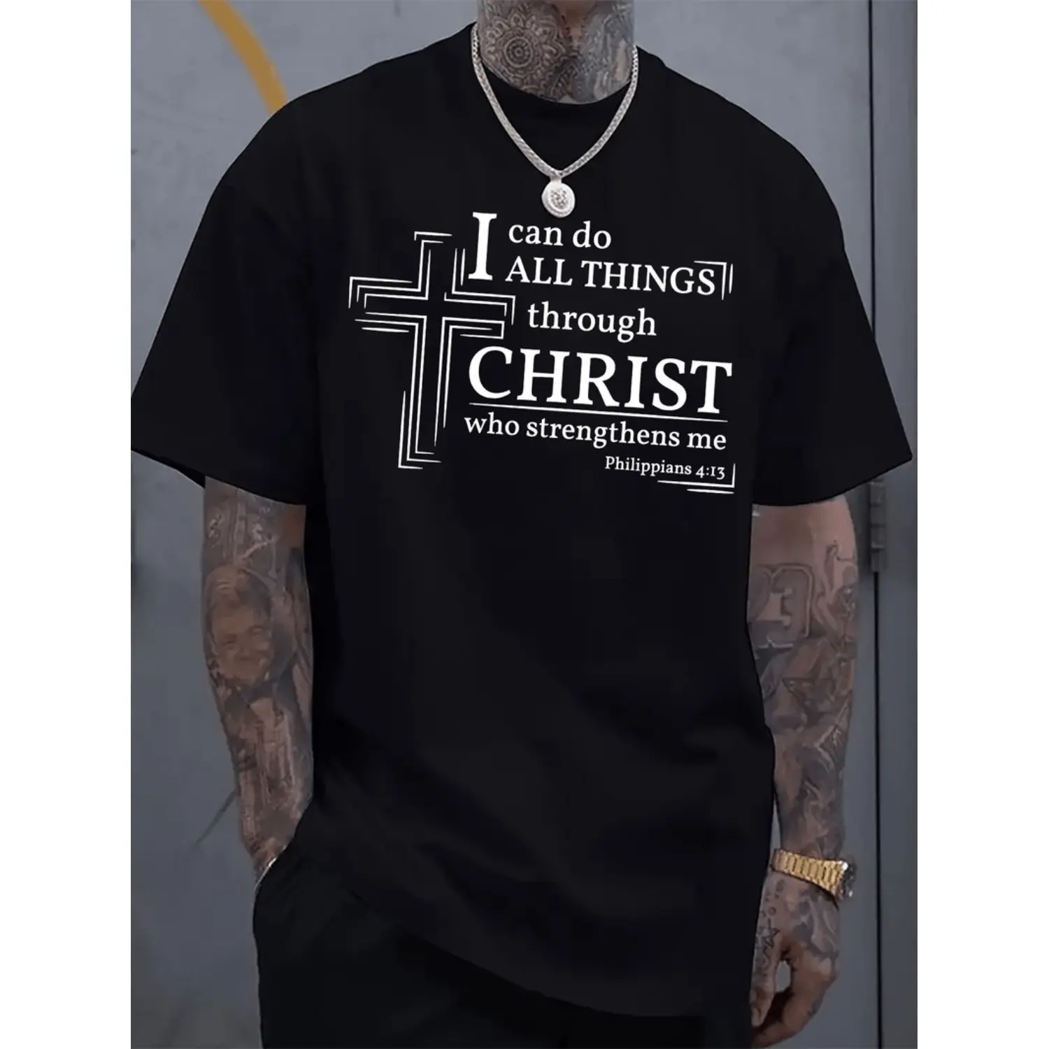 All Things Through Who Strengthens Me T-Shirt Mens Casual Short Sleeve Round Neck Summer Autumn Top Holiday Gift Unisex Tee