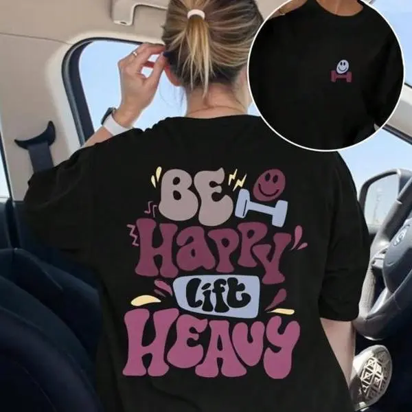 Retro 'Be Happy Lift Heavy' Gym T-Shirt | Premium 100% Cotton Heavyweight Tee | Aesthetic Bodybuilding Graphic Apparel | Vintage Groovy Fitness Top | Soft Breathable Workout Gift