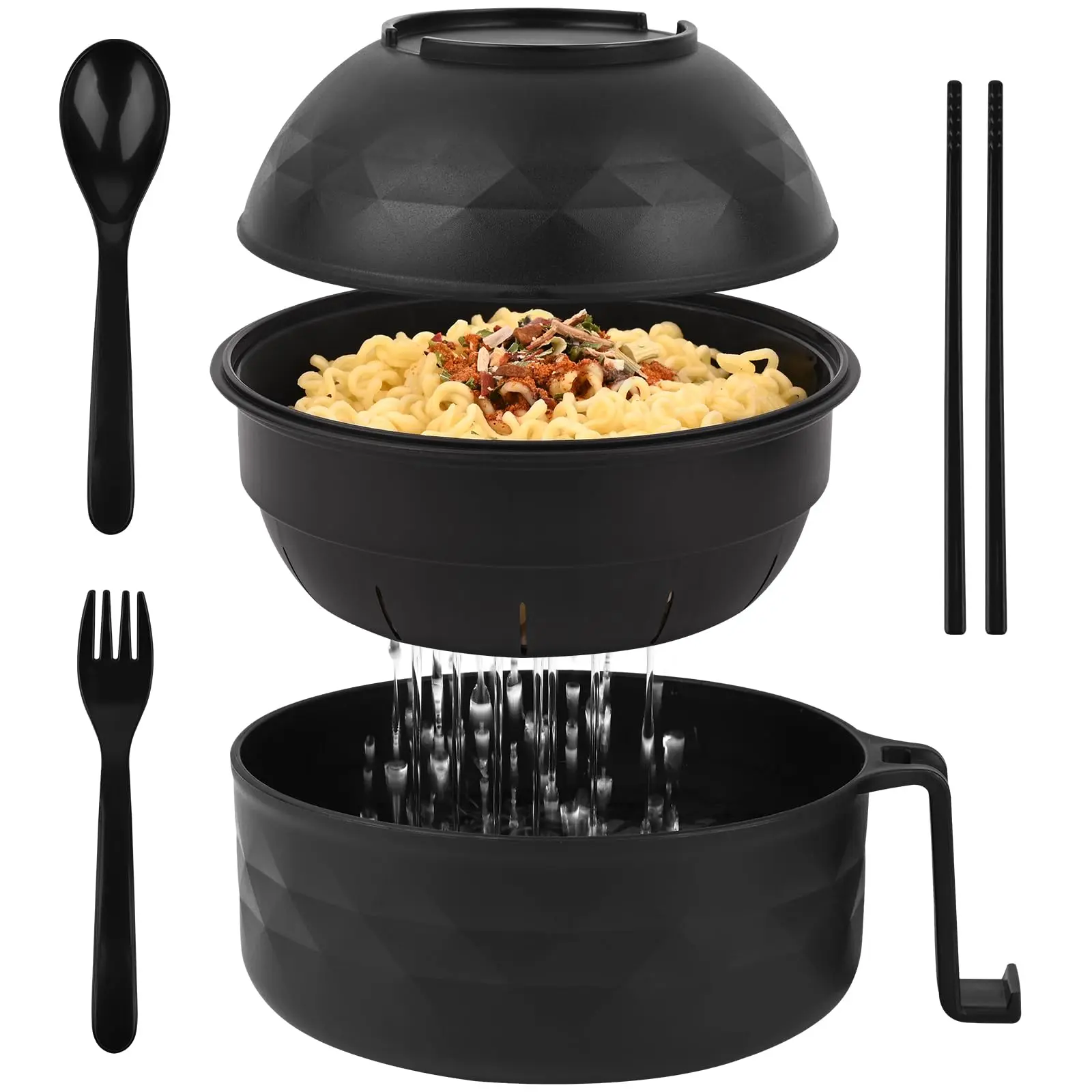 Microwave Ramen Bowl Set with Handle, Spoon, Fork, Chopsticks - Versatile for Noodles, Soups, Cereals - Safe & Easy Use, Ideal for Dorms & Home