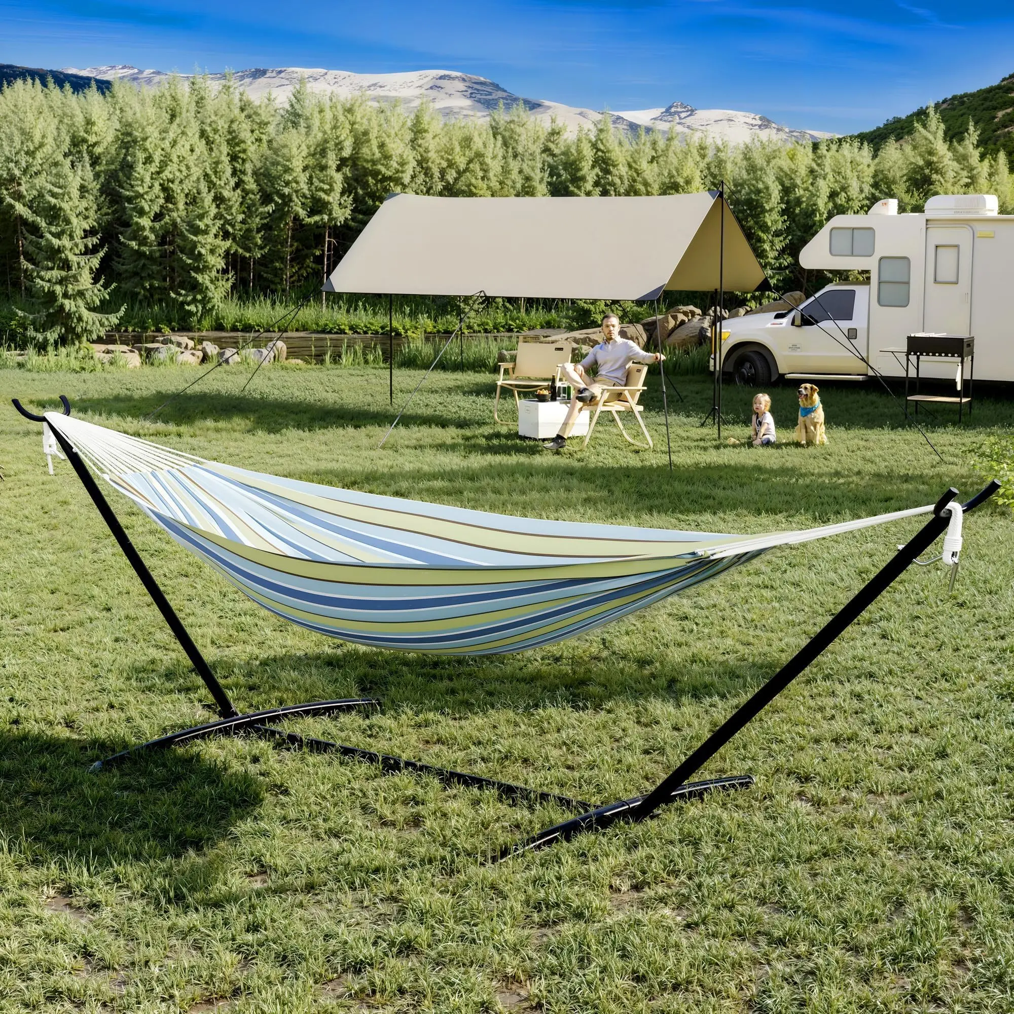 【DealsForYouDays】GARVEE Double Hammock with Stand Included 450lb Capacity Space Saving Steel Stand,Premium Carry Bag Included,Suit for Outside,Indoor,Yard,Camping