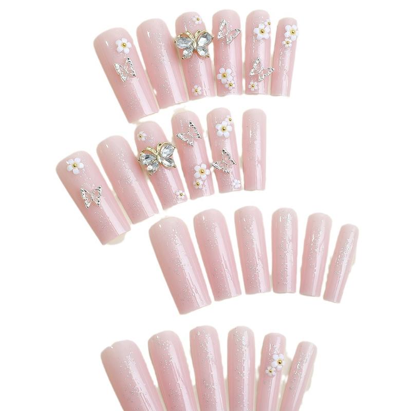 12Pcs Long Press on Nails Coffin 3D Flower Fake Nails with 3D Alloy Butterfly Charms Design  Nails for  Stick on Nail Manicure for Women Girls Rechargeable Electric Nail Clippers with Light