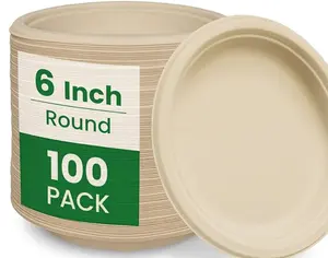 GoGreen 6 Inch Plates 100 Pack , Disposable Eco-Friendly Sugarcane Bagasse Plates, Natural Brown Plates for Dinner, Dessert, and Weddings,Brown