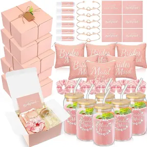 54 Pcs Bridesmaid Proposal Gifts, Maid of Honor Gift Include Wedding Gift Box Makeup Bag Invited Card Glass Cup Lip Balm Scrunchie Bracelet for Bridal Shower Bachelorette Party(Pink)