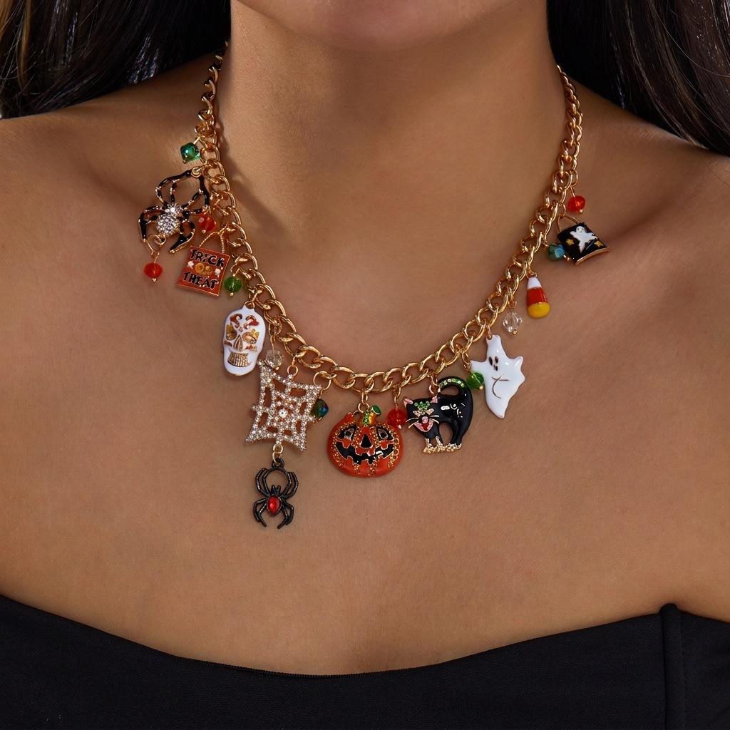 QIMENGLAI Women's Halloween Rhinestone Clavicle Necklace - Sparkly Crystal Spider Ghost Pumpkin Skull Pendant Festival Jewelry with Birthstones Bubble Initial Opalite Dainty Heart Name for Girlfriend Birthday Gifts