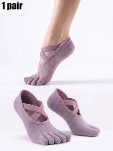 Women's Cotton Non-Slip Pilates Socks, High Elastic Yoga Socks with Storage Bag, Sporty Solid Pattern, All Seasons Toe Socks, Athletic Sock