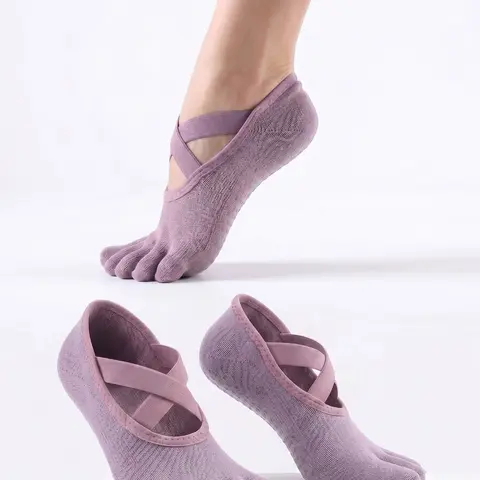 Women's Cotton Non-Slip Pilates Socks, High Elastic Yoga Socks with Storage Bag, Sporty Solid Pattern, All Seasons Toe Socks, Athletic Sock, Sports Socks, Workout Socks