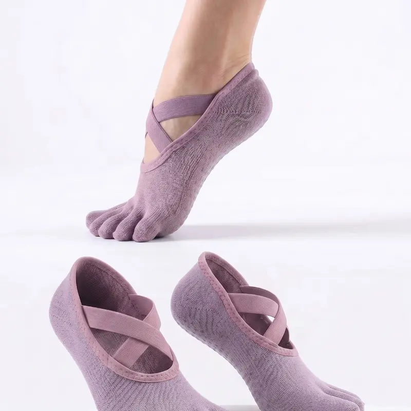 Women's Cotton Non-Slip Pilates Socks, High Elastic Yoga Socks with Storage Bag, Sporty Solid Pattern, All Seasons Toe Socks, Athletic Sock, Sports Socks, Workout Socks