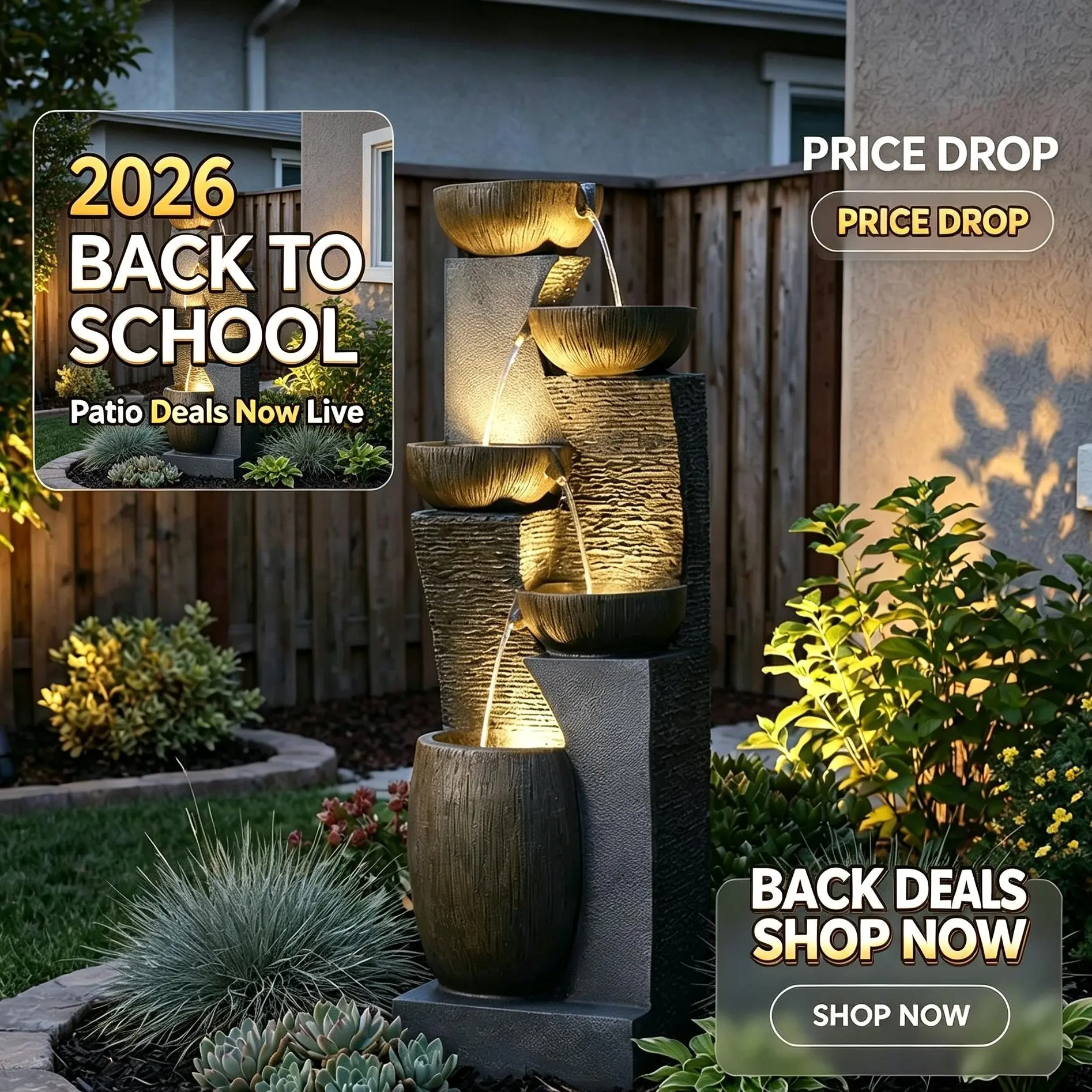 2026 US Back To School Campaign Tankana 51.4" H Modern 5-Tier Cascading Outdoor Fountain - Integrated LED Lights, Garden Statues & Sculptures, All Seasons Fountains & Bird Baths, Meditation Vibes for Deck, Porch Home Decor, Serene Ambiance