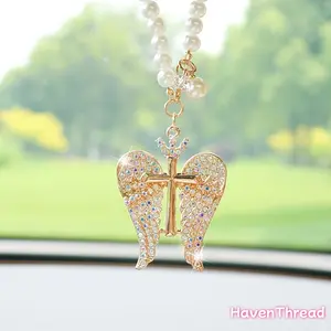 Creative Diamond-Encrusted Crown Angel Car Charm, Exquisite Angel Wings Rearview Mirror Hanging Decoration, Cars Accessories, Car Charms