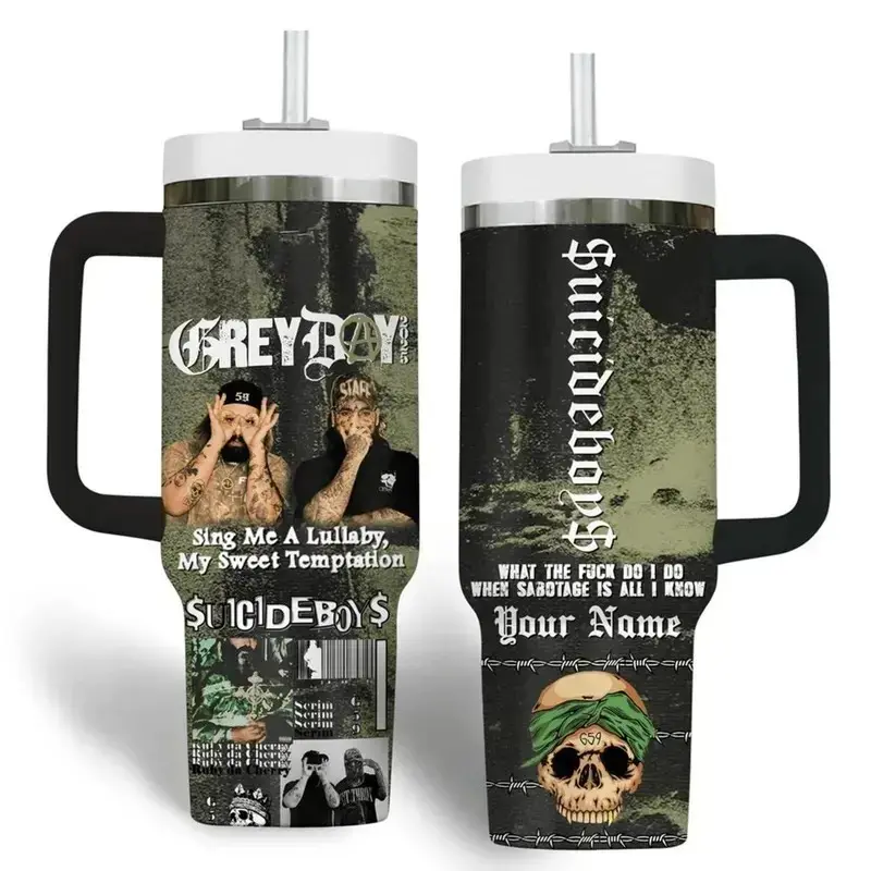Gothic Rap Metal $uicideboy$ G59 40oz Tumbler with Handle Stainless Steel Vacuum Insulated Travel Mug Suicideboys Grey Day Tour Merch Music Fan Gift Water Cup