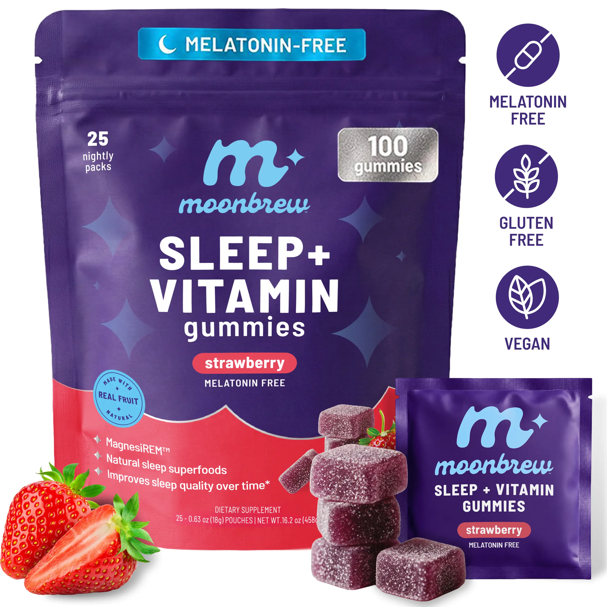 MoonBrew Strawberry Sleep + Vitamin Gummies - 8 Essential Vitamins & Minerals, Natural Magnesium Calming Aid, Melatonin-Free, 25-Pack (100 Gummies)
