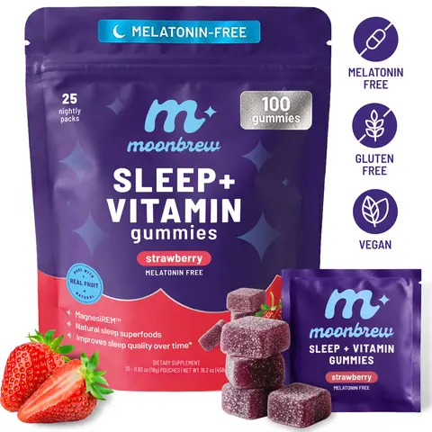 MoonBrew Strawberry Sleep + Vitamin Gummies - 8 Essential Vitamins & Minerals, Natural Magnesium Calming Aid, Melatonin-Free, 25-Pack (100 Gummies)