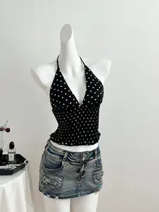 Summer Fashion New Women's Halter Polka Dot Tank Top, V Neck Backless Sexy Shoulder Cut Out Slim Fit Shirt Short Dress