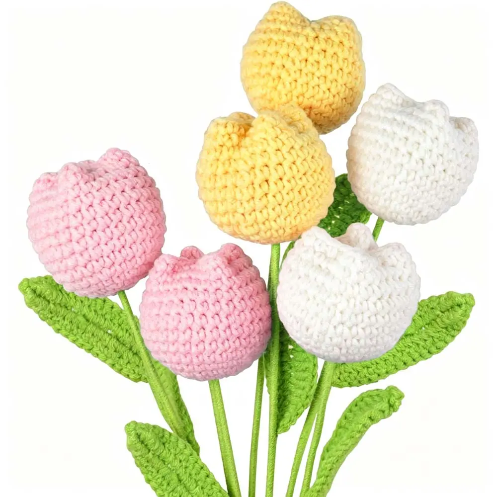 6 Pcs Mixed Color Crochet Tulip Bouquet (2 Yellow, 2 White, 2 Pink), Handmade Knitted Artificial Flowers for Vase, Colorful Forever Floral Arrangement for Home Room Desk Decor, Beautiful Gift for Her