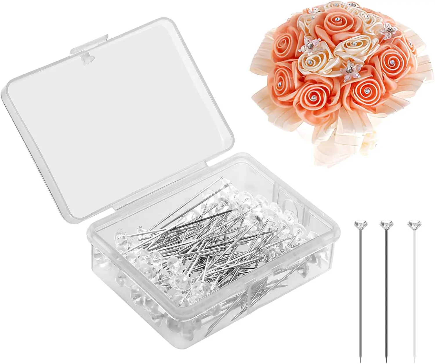 100 PCS Bouquet Pins Flower Pins, 1.5'' Straight Pins Clear Sewing Pins Crystal Diamond Head Pins for Craft Wedding Jewelry Decoration