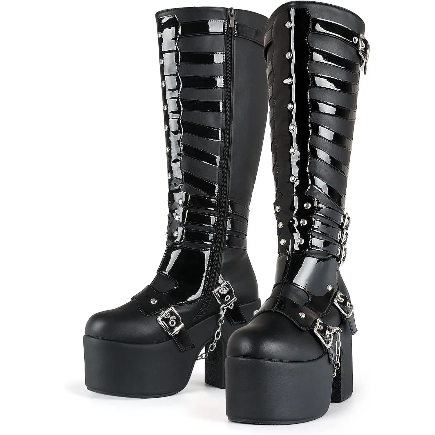 Women's Round Toe High Heel Knee-High Combat Motorcycle Boots, Synthetic Upper, Soft Insole, Metal Buckles, Zip-Up, Gothic Punk Style, Black Footwear, Rubber Platform Sole, High Heels Shoe