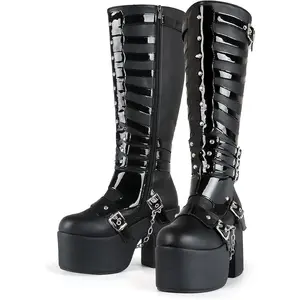Women's Round Toe High Heel Knee-High Combat Motorcycle Boots, Synthetic Upper, Soft Insole, Metal Buckles, Zip-Up, Gothic Punk Style, Black Footwear, Rubber Platform Sole, High Heels Shoe