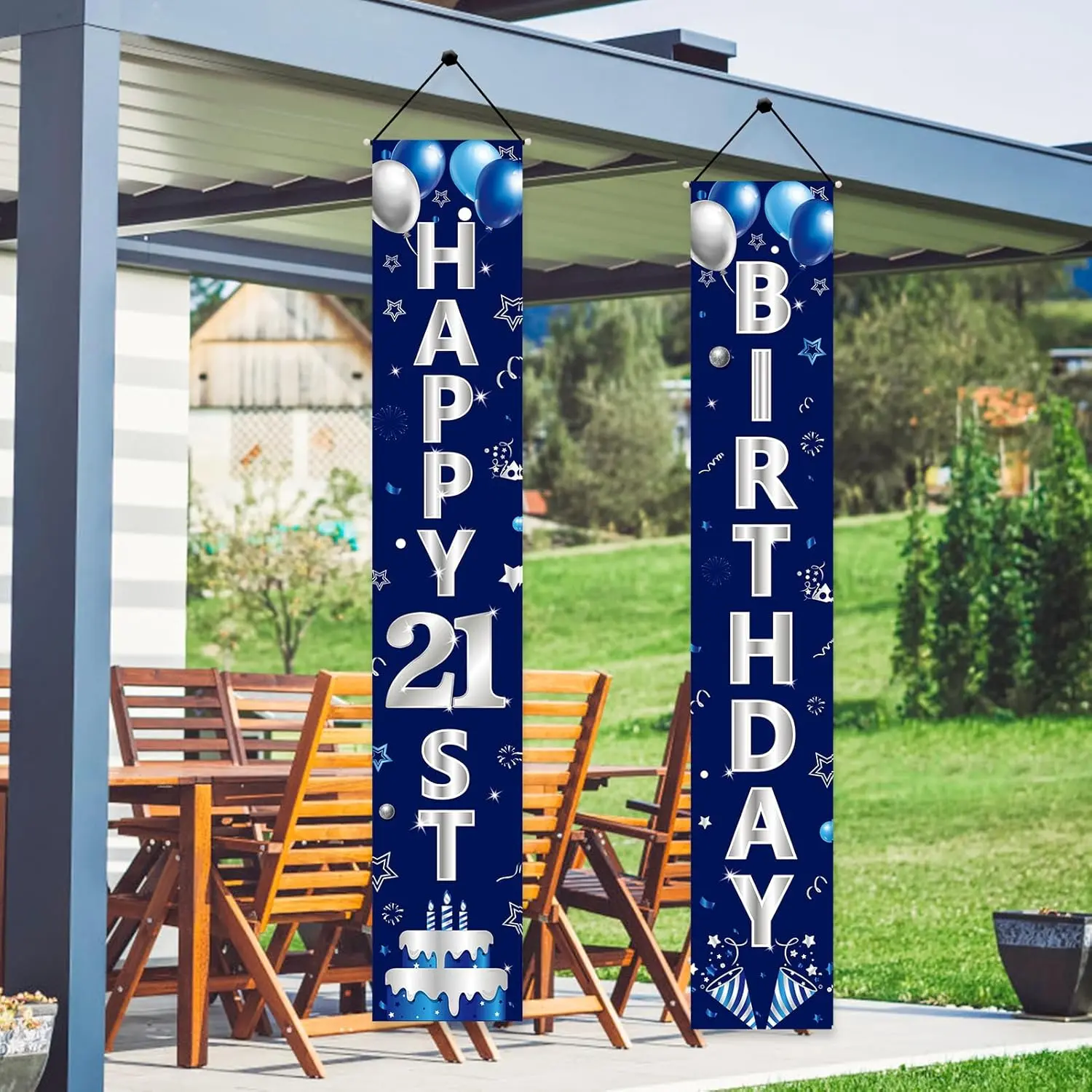 Silver Gray Blue 21st Birthday House Decoration, Men's 21st Birthday Happy Party, Outdoor and Indoor 21st Birthday Party Decoration 180x30cm