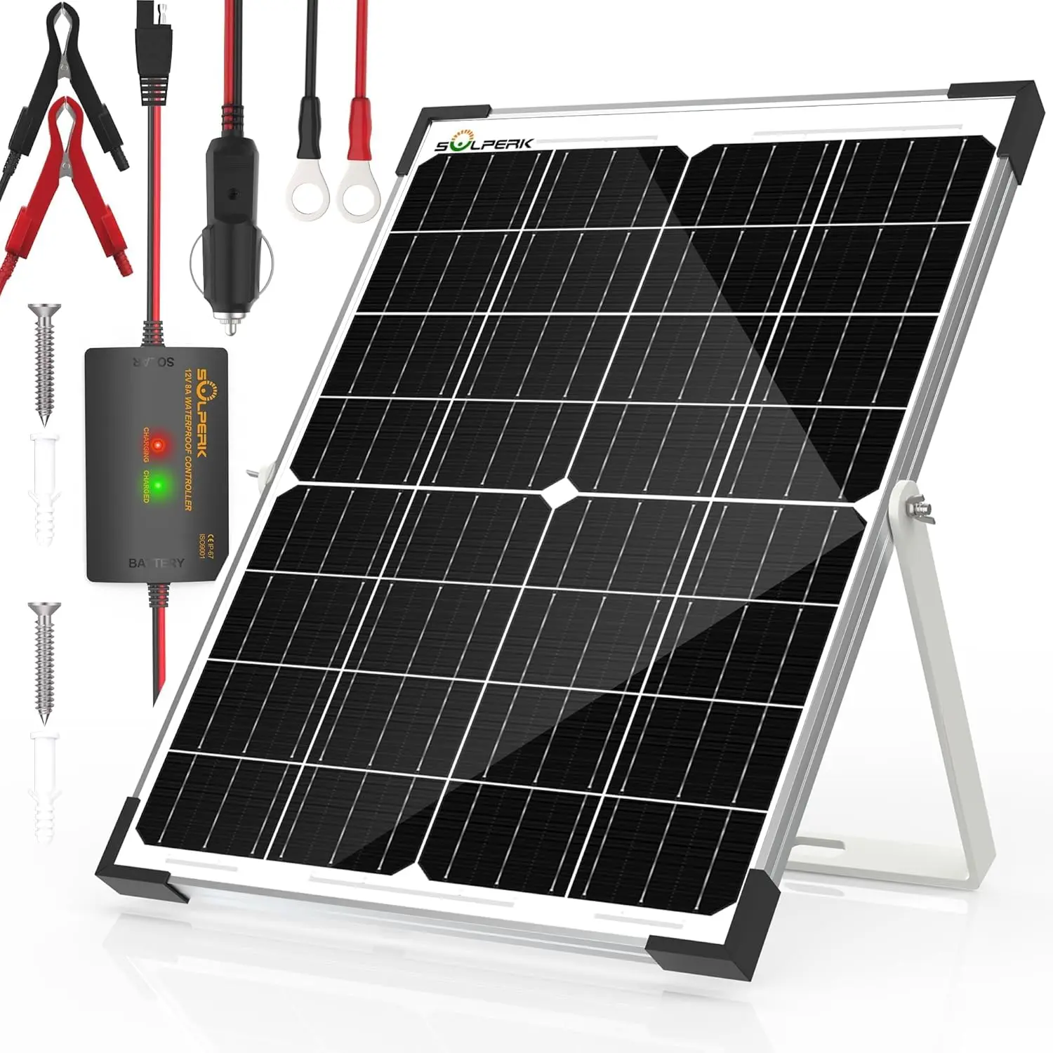 25W 12V Waterproof Synthetic DC Solar Panel Kit with Energy-Saving Charge Controller, O-Rings, Clips, Tempered Glass Mount for Boat, Lawn Mower, Trailer Solar Panel System Applications