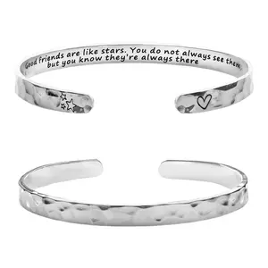 Inspirational Cuff Bracelet for Women Girls, Hammered Stainless Steel Open Bangle with Engraved Message, Adjustable Friendship Sister Encouragement Gift