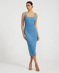Express Stretch Denim Scoop Neck Seamed Midi Dress