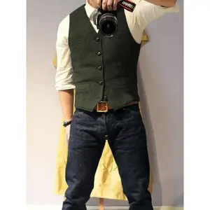 Men’s diagonal denim vest for hunting/fishing; wool herringbone retro design; suitable for older adult men; retro Western casual business vest; men’s suit; available in beige and black; sleeveless V-neck; GARMENTARY