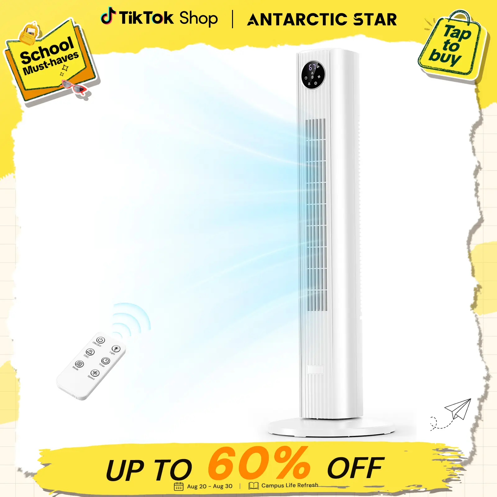 【Not Air Conditioner】Antarctic Star Tower Fan Portable Electric 85° Oscillating Fan with Remote Control, Quiet Operation, 3 Speed Settings & 12H Timer, Bladeless Standing Floor Fan for Bedroom & Office tiktokshopbacktoschool