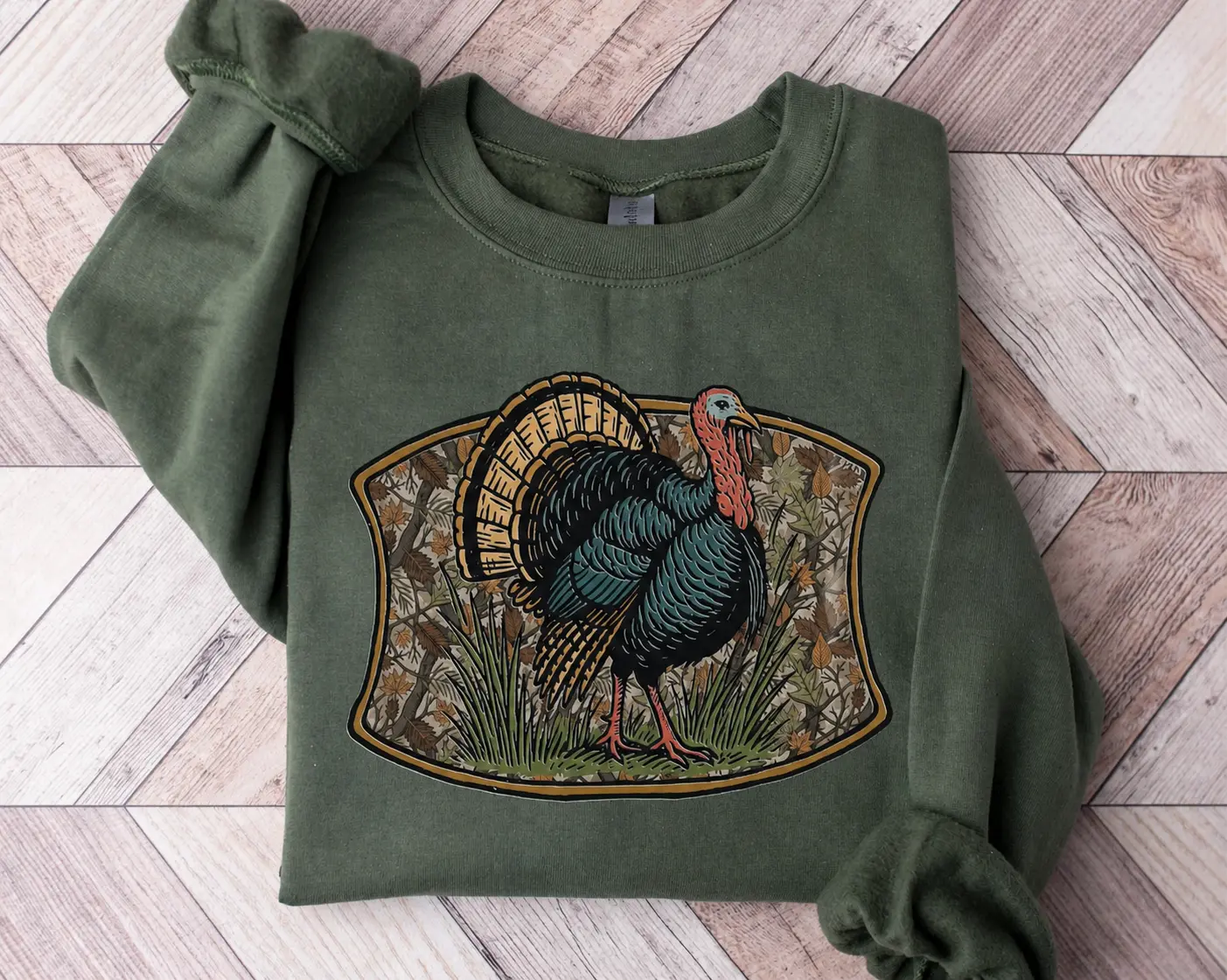 Wild Turkey Hunting Graphic Sweatshirt Vintage Gobbler Bird Art Camouflage Scene Outdoor Hunter Gift Thanksgiving Unisex Crewneck Pullover