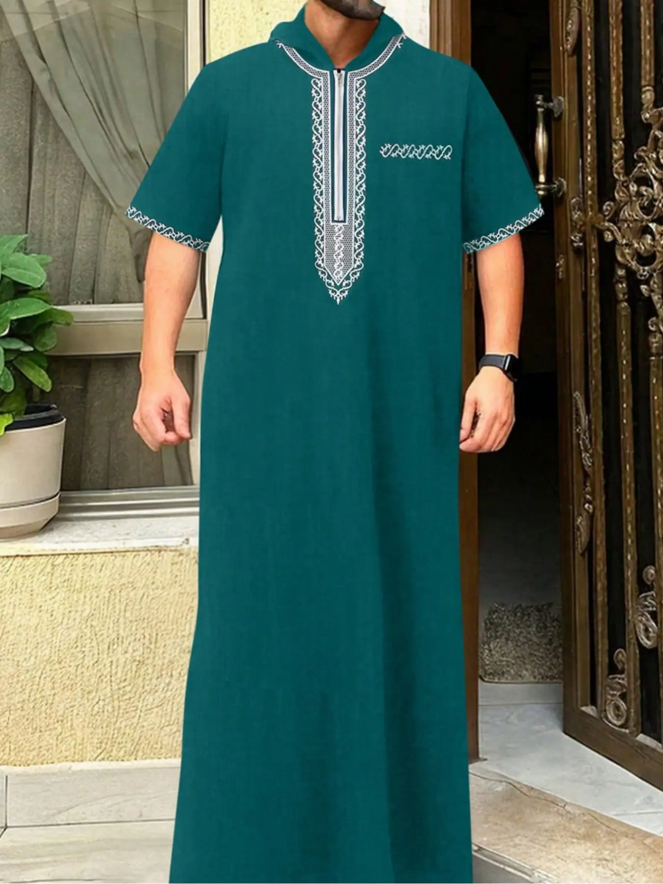 Men's Moroccan Style Embroidered Hooded Long Robe, Zipper Design Islamic Prayer Gown, Perfect Ramadan Gift for Muslim Men