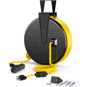 30 Ft Retractable Extension Cord Reel, Ceiling/Wall Mount 16/3 Gauge SJTW Power Cord with 3 Electrical Outlets Pigtail for Garage and Shop, 10 Amp Circuit Breaker, ALloy Plate, UL Listed